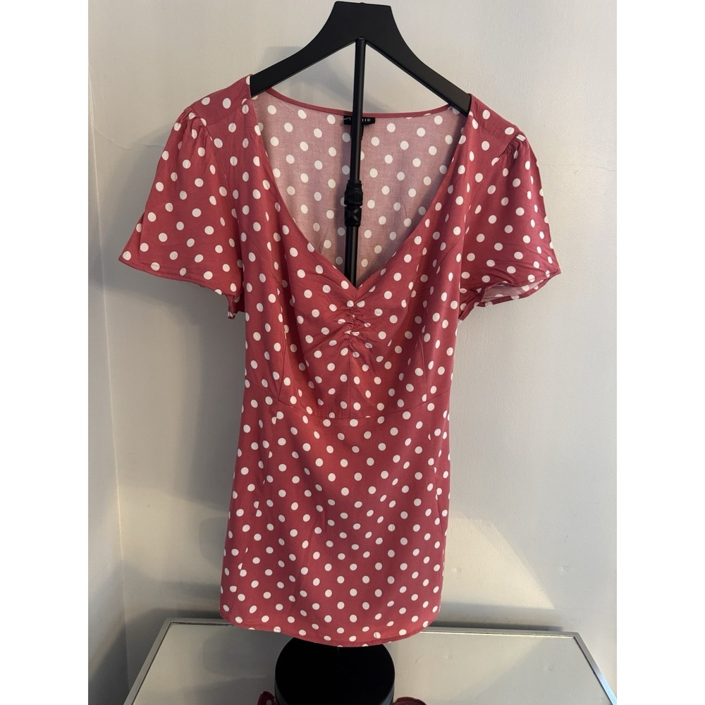 Torrid Slimming Polka Dot Blouse Pink White‎ Tie Back Top Plus Size 2 18/20